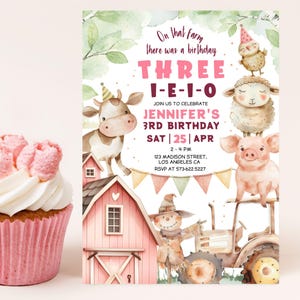 May include: A pink and white farm-themed birthday invitation with a red barn, a tractor, a scarecrow, a cow, a pig, a sheep, and a bird. The text on the invitation reads "On that farm there was a birthday THREE 1-E-1-0 JOIN US TO CELEBRATE JENNIFER'S 3RD BIRTHDAY SAT |25|APR 2-4 PM 123 MADISON STREET, LOS ANGELES CA RSVP AT 573-622.5227".