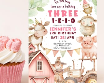 Pink Farm Animals 3rd Birthday Invitation: Three-i-e-i-o Barnyard Theme Editable Template, Digital Download