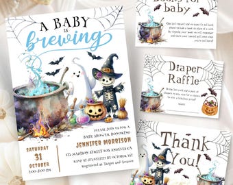 Puede incluir: Un conjunto de invitaciones y tarjetas para baby shower con temática de Halloween. La invitación principal presenta un caldero, un fantasma y un esqueleto. Las tarjetas adicionales incluyen "Libros para bebé", "Rifa de pañales" y "¡Gracias!" con ilustraciones a juego.