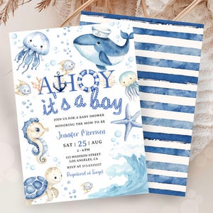 EDITABLE Ahoy Baby Shower Invitation Boy,Nautical Baby Shower Invite,Navy Blue Sea Ocean Themed,Printable Template,Instant Download BSI148