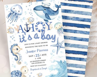 May include: Baby shower invitation with a nautical theme. The invitation features a blue and white color scheme with illustrations of a whale, jellyfish, seahorse, and turtle. The text reads "Ahoy it's a boy" and includes event details.