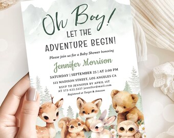 Let The Adveture Begin Baby Shower Boy, Forest Woodland Animals Themed, Editable Template (Digital Download)