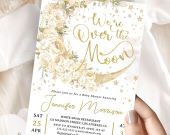 Over The Moon Baby Shower Invitation, Twinkle Star Moon Baby Shower Invite, Editable Template (Digital Download)