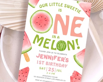 One in a Melon Birthday Invitation: Watermelon Theme, Editable Template (Digital Download)