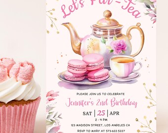 Tea Party Birthday Invitation: Girl Pink Floral Garden Editable Template, Digital Download