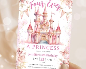 Princess 4th Birthday Invitation: Pink Castle, Magical Girl Party Editable Template, Digital Download