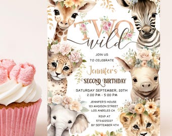 Invitación de cumpleaños de safari para niña: Dos plantillas editables de WildTheme, descarga digital