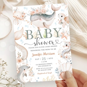 EDITABLE Under the Sea Baby Shower Invitation Girl,Under The Sea Invite,Boho Ocean Sea Animals Printable Template,Instant Download BSI125