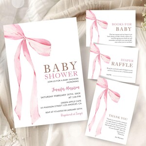 EDITIERBARE Rosa Bogen-Babyparty-Einladungsset, Kokette Band-Bogen-Themen-Einladungs-Bundle, Blush rosa druckbare Vorlage, sofortiger Download BSI108