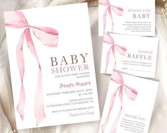 May include: Pink watercolor bow baby shower invitation with text that reads "Baby Shower" and "Join us for a baby shower honoring Jennifer Morrison". The invitation includes the date, time, location, and RSVP information. There are also three additional cards for a diaper raffle, books for baby, and a thank you card.