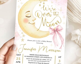Pink Over The Moon Baby Shower Invitation Girl, Twinkle Stars, Moon Baby Shower Invite, Editable Template (Digital Download)