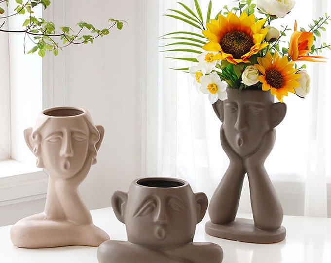 Gesicht Vase | Handvase | Hausdekor | Keramik Vase | Übertopf | Kunstblumen | Geschenke für Sie | Handgefertigte Keramikpflanzer
