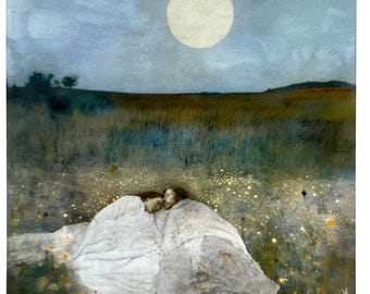 Summer Night … on Firefly Hill | Giclèe Art Print | Encaustic Fine Art | Moonlight |  Love | Dreaming | Summer | Unique Wall Art | Inspiring