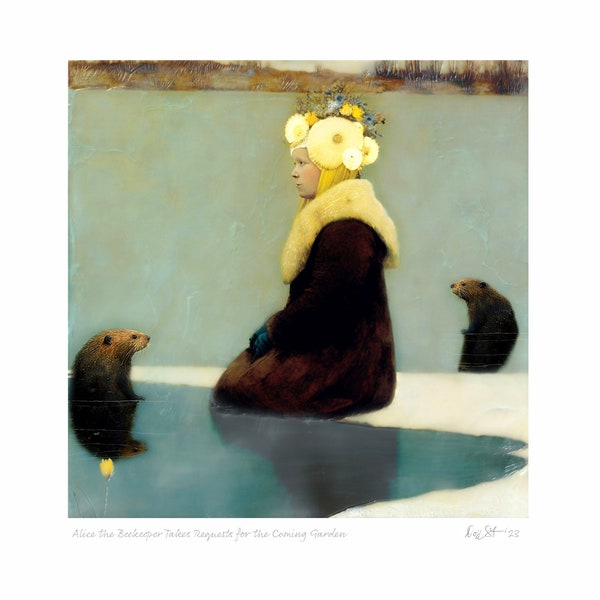 Spring’s Emissary Discusses the Coming Thaw with Emile & Estelle | Giclèe Art Print | Goddess | beavers | unique wall art | encaustic art