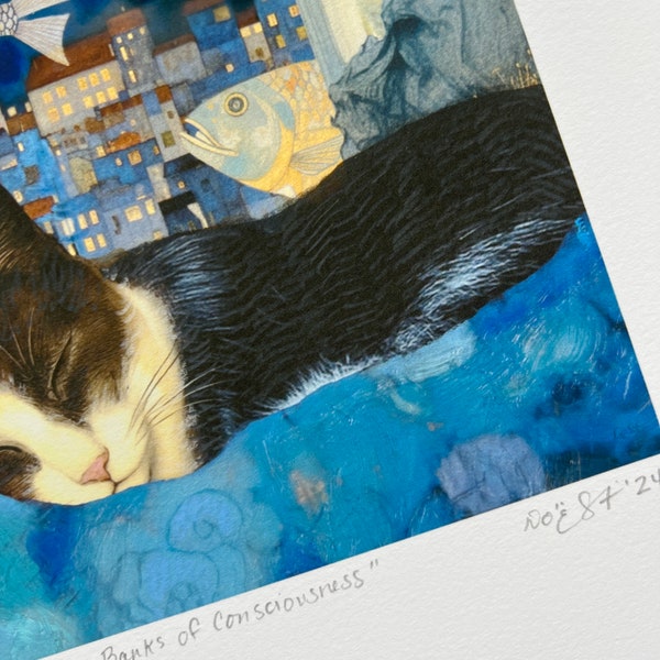 Nestled on the Blue Banks of Consciousness | Giclèe Art Print | dreaming cat | cat lover | unique gift | flying fish | encaustic fine art
