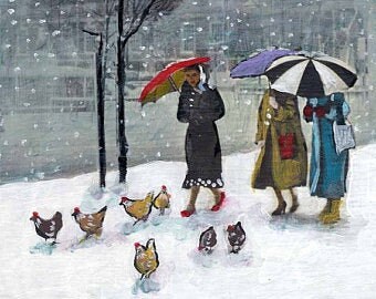 The Ladies - Giclee Print | Whimsical Wall Art | Girlfriends | Hens | Flock | Winter Sidewalks | Collage Art | Mixed-Media | Unique Decor