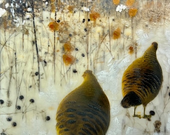 Lost in Thought, Portia and Estelle Hummed Quietly as They Foraged Along | 6 x 6 Encaustic Painting | Whimsical Quail Scene