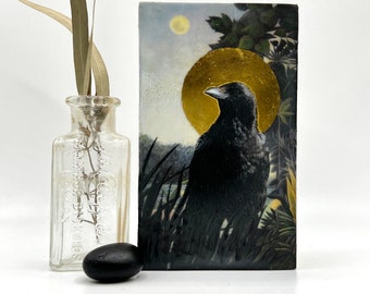 Bird Saint Corvus brachyrhynchos | Encaustic Miniature Painting | Crow Art | Bird Lover | Gold Leaf | Whimsical | Unique Wall Art