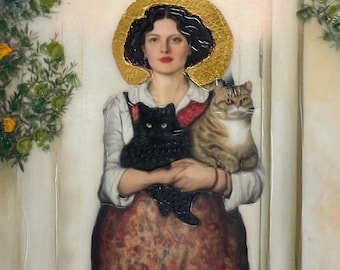 St. Maisie & Her Lobby of Staunch Gourmands - Cat Lady Miniature 23k Gold Leaf Painting