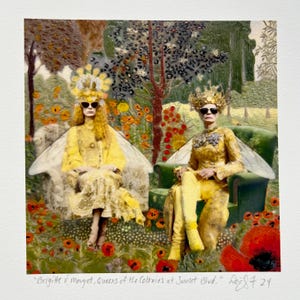 A giclee print of a quirky encaustic painting depicting two fashionably dressed queen bee women with crowns and wings sitting in easy chairs in a lush garden with red and orange flowers by SomnmigratoryStudio artist, Dominique Gustin