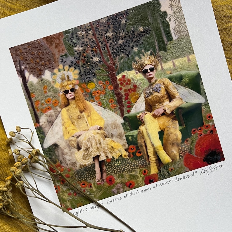A giclee print of a quirky encaustic painting depicting two fashionably dressed queen bee women with crowns and wings sitting in easy chairs in a lush garden with red and orange flowers by SomnmigratoryStudio artist, Dominique Gustin