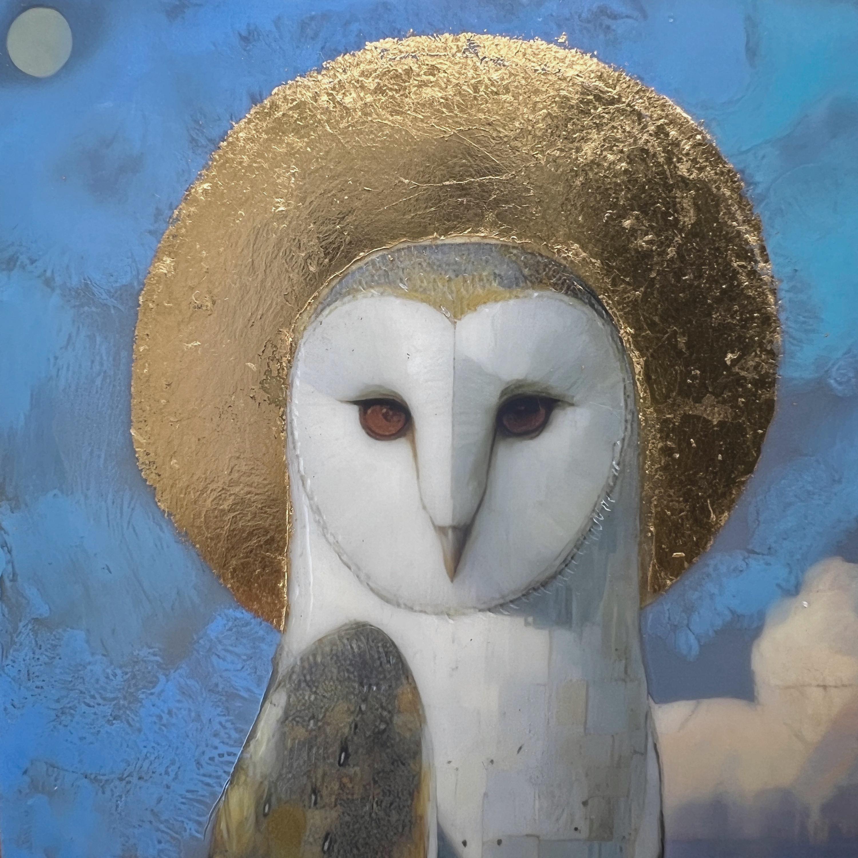 Barn Owl Saint Encaustic Painting: 23k Gold Leaf Bird Art | 3x5 Miniature