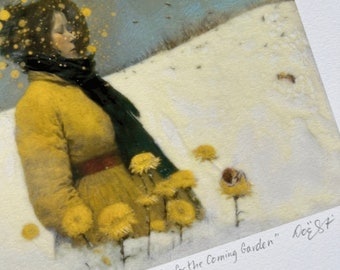 Alice the Beekeeper Takes Requests for the Coming Garden | Giclèe Art Print | Encaustic Fine Art | Daydreaming |  Beekeeper | Bees | Snow