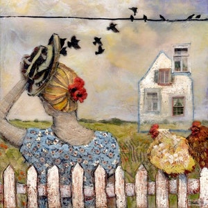 A giclee print of an encaustic mixed media painting by Dominique Gustin of a woman lifting her cowboy hat to let birds fly out of it into the sky and sit on a telephone line. A White House in the background and chickens on fence