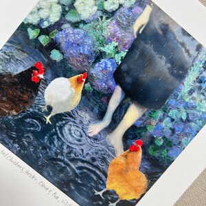 A signed giclee print of a surreal encaustic painting depicting the embodiment of a rain storm as a barefoot woman standing in a puddle with three hens as clouds, earth and fire in a green garden by Dominique Gustin of Somnmigratory Studio