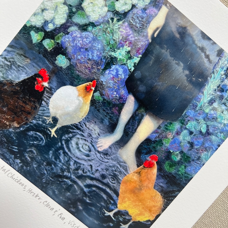 A signed giclee print of a surreal encaustic painting depicting the embodiment of a rain storm as a barefoot woman standing in a puddle with three hens as clouds, earth and fire in a green garden by Dominique Gustin of Somnmigratory Studio