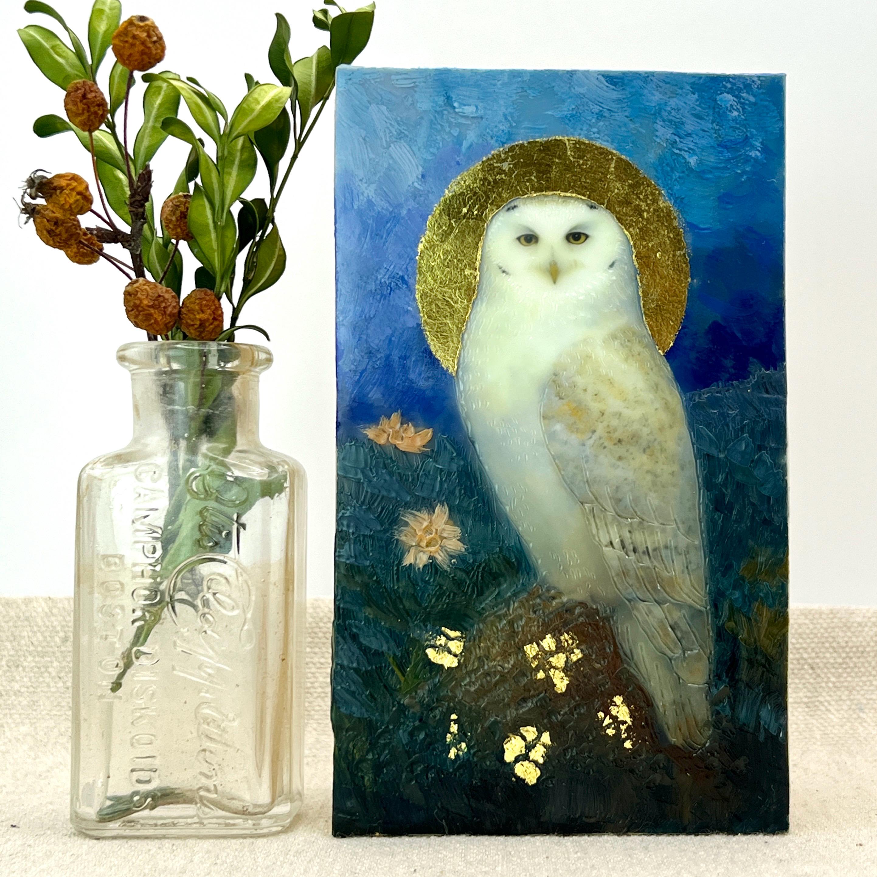 Snowy Owl Saint Encaustic Painting: 23k Gold Leaf Bird Art, 3x5 Miniature by Dominique Gustin