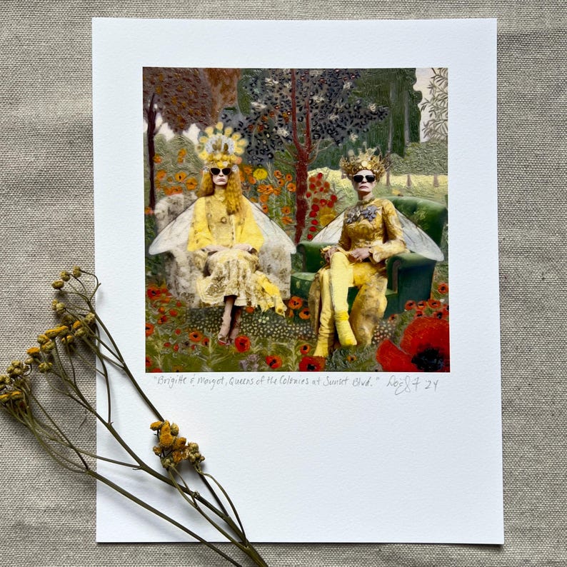 Two bee queens in yellow fashion seated in a wild poppy garden, surreal encaustic collage giclée art print, deadpan and regal, by Vermont artist