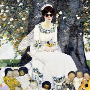 May include: An artistic painting depicts a woman in a white dress and sunglasses, seated near a tree. She holds yellow flowers and has insect wings. Several sleeping babies are at her feet, creating a whimsical, dreamlike scene.