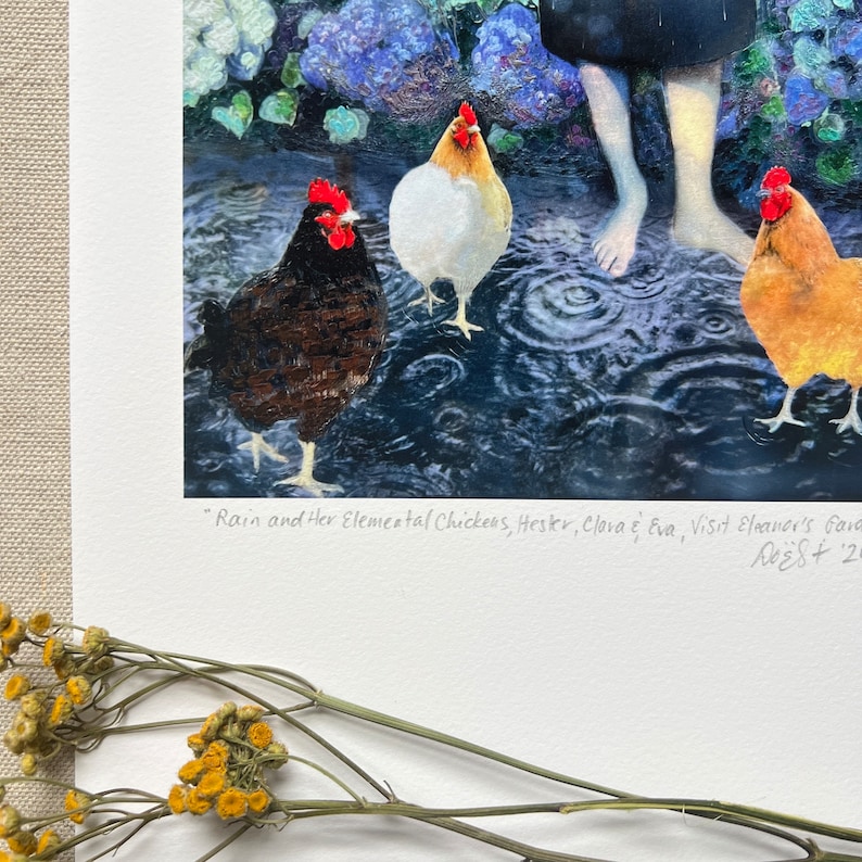 A close up signed giclee print of a surreal encaustic painting depicting the embodiment of a rain storm as a barefoot woman standing in a puddle with three hens as clouds, earth and fire in a green garden by Dominique Gustin of Somnmigratory Studio