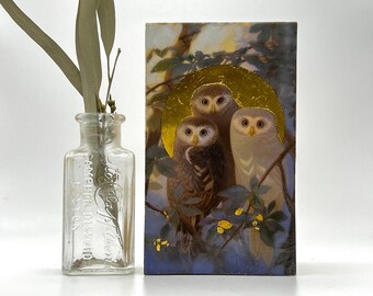 Bird Saint Aegolius acadicus | Encaustic Miniature Painting | Saw-whet Owls | bird art | owl lover | unique wall art