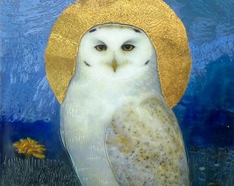 Snowy Owl Saint Encaustic Painting: 23k Gold Leaf Bird Art | 3x5 Miniature