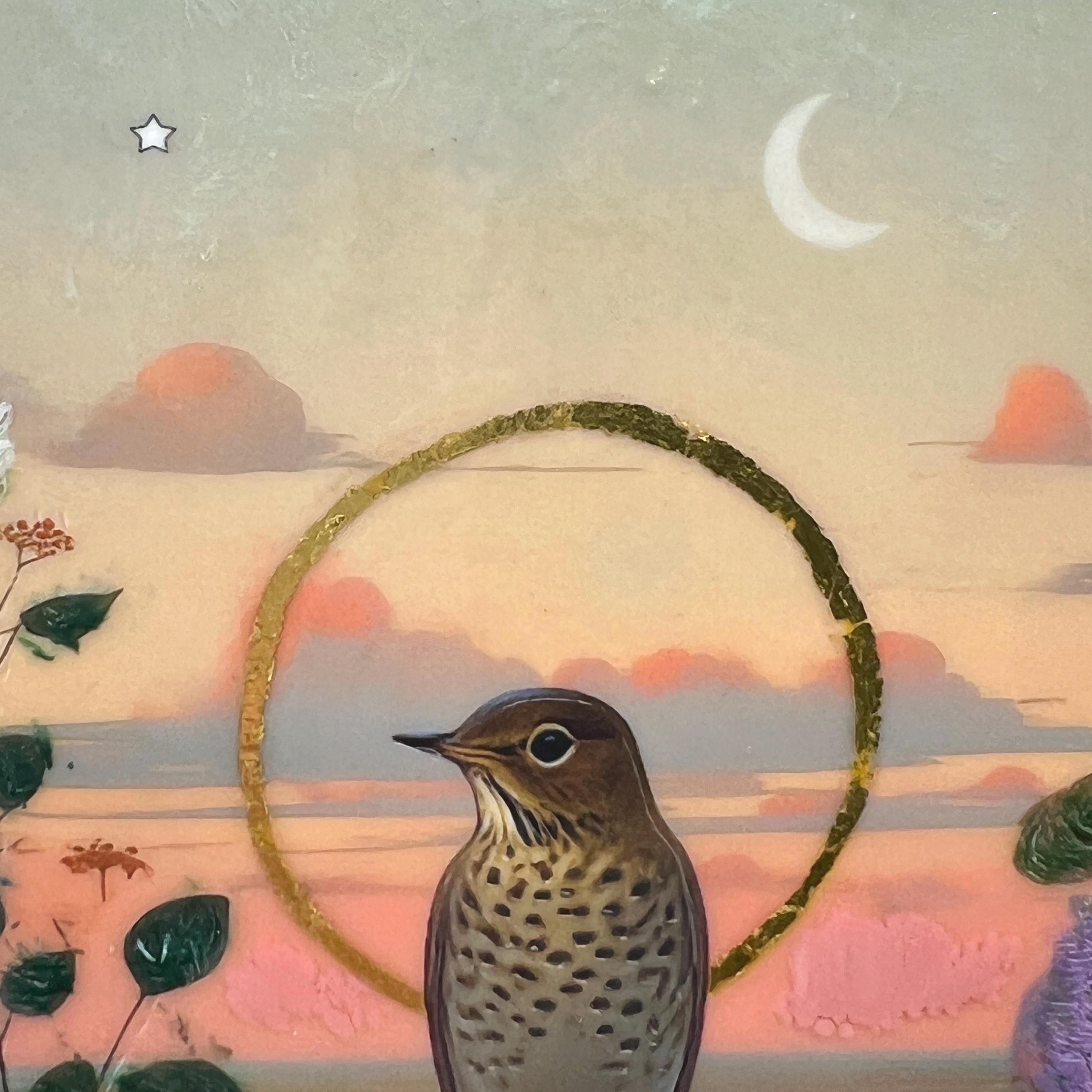 Hermit Thrush Saint Encaustic Painting: 23k Gold Leaf Bird Art 3x5 Miniature