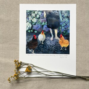 Surreal giclée art print of a rain goddess arriving barefoot in a summer garden followed by three elemental chickens representing earth, cloud, and fire, encaustic collage by Dominique Gustin