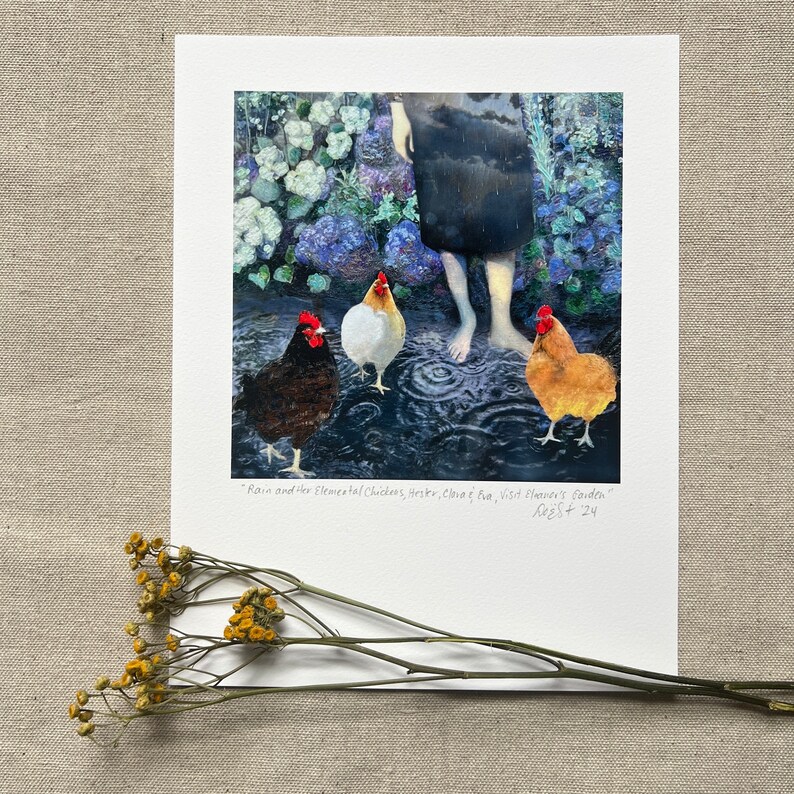 Surreal giclée art print of a rain goddess arriving barefoot in a summer garden followed by three elemental chickens representing earth, cloud, and fire, encaustic collage by Dominique Gustin