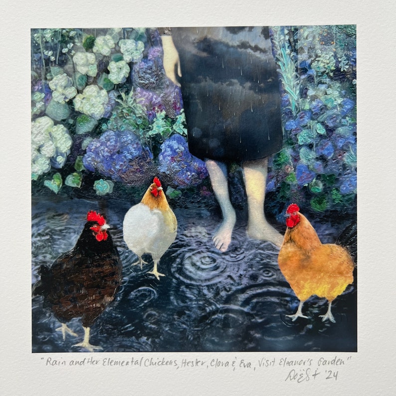 A signed giclee print of a surreal encaustic painting depicting the embodiment of a rain storm as a barefoot woman standing in a puddle with three hens as clouds, earth and fire in a green garden by Dominique Gustin of Somnmigratory Studio