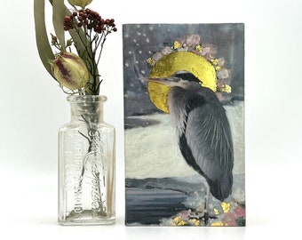 Bird Saint Ardea herodias | Encaustic Miniature Painting | Great Blue Heron | bird art | bird lover | gold leaf | unique wall art