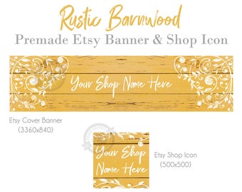 Rustic Barnwood Etsy Big Banner and Shop Icon Set, Etsy Cover Photo, Farmhouse Banner, Yellow Painted Shop Banner, Shabby Chic, Vintage