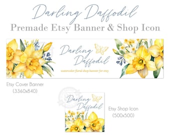 Shop Banner and Icon Set with Yellow Watercolor Daffodil Flowers, Etsy Graphics for Spring and Summer, Easter Shop Banners for Etsy