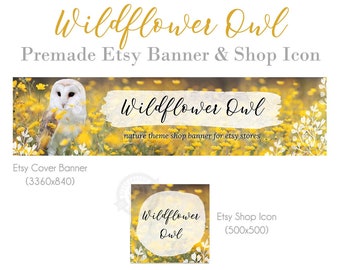 Etsy Shop Banner Kit mit gelben Wildblumen und Schleiereule, Etsy Grafik Set für Frühling und Sommer