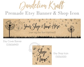 Dandelion Shop Banner and Icon Set of Graphics for Etsy Stores, Premade Etsy Banner and Shop Icon Set on Kraft Paper, Big Banner