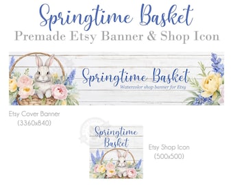 Watercolor Easter Bunny Basket Etsy Shop Banner & Icon (Digital Download)