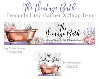 Soap Shop Banner Set for Etsy, Bath Store Graphics, Vintage Shabby Chic with Pink Roses and Lavender Flowers, Handmade Soap Design Kit