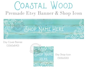 Turquoise Wood Etsy Shop Banner & Icon Set: Coastal Vine Design (Digital Download)