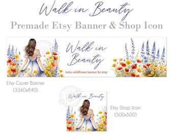 Wildblumen Shop Banner Set für Etsy, Watercolor Store Banner Kit, Mohnblumen, Gänseblümchen und Glockenblumen, Frühling und Sommer Shop Banner