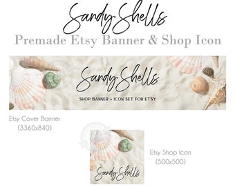 Shop Banner Kit for Etsy with Beach Sand and Seashells, Etsy Design Set with your choice of Big or Mini Store Banner and Shop Icon